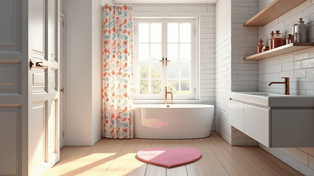 Cute Bathroom Decor: Transform Your Space with Playful Charm A sunlit modern bathroom with white subway tile walls, light oak flooring, and a pink heart-shaped bath mat, featuring a watercolor butterfly shower curtain, rose gold glass containers, and soft shadows in morning golden hour light.