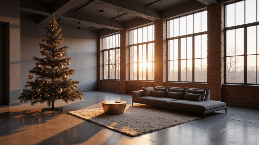 A luxurious urban loft interior at golden hour featuring a towering 12-foot minimalist wireframe Christmas tree in matte black metal, adorned with oversized geometric ornaments and integrated LED strips, surrounded by polished concrete floors, industrial windows, a charcoal gray sectional sofa, and warm brick walls.
