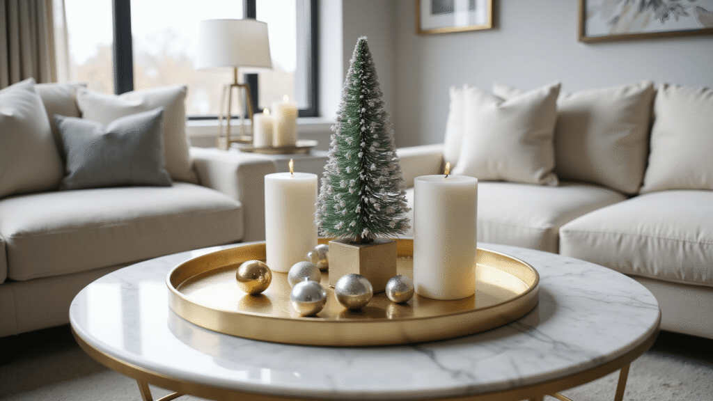 Magical Christmas Coffee Table Decor: Your Ultimate Styling Guide Cinematic wide-angle shot of an elegant modern living room featuring a round marble coffee table styled for Christmas with a mercury glass tree, pillar candles, and vintage ornaments, illuminated by soft natural morning light through floor-to-ceiling windows.