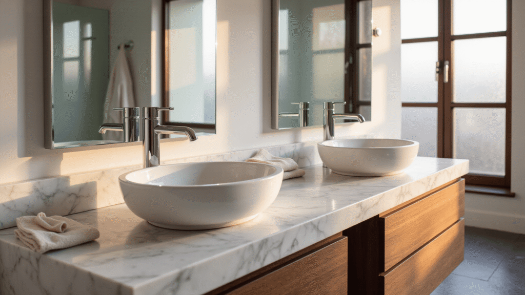 Ultimate Guide to Styling a Double Sink Bathroom: Transform Your Space from Boring to Breathtaking Cinematic wide-angle shot of a luxurious modern minimalist double sink bathroom featuring Carrara marble countertops, walnut vanity, chrome vessel sinks, and warm golden hour lighting.