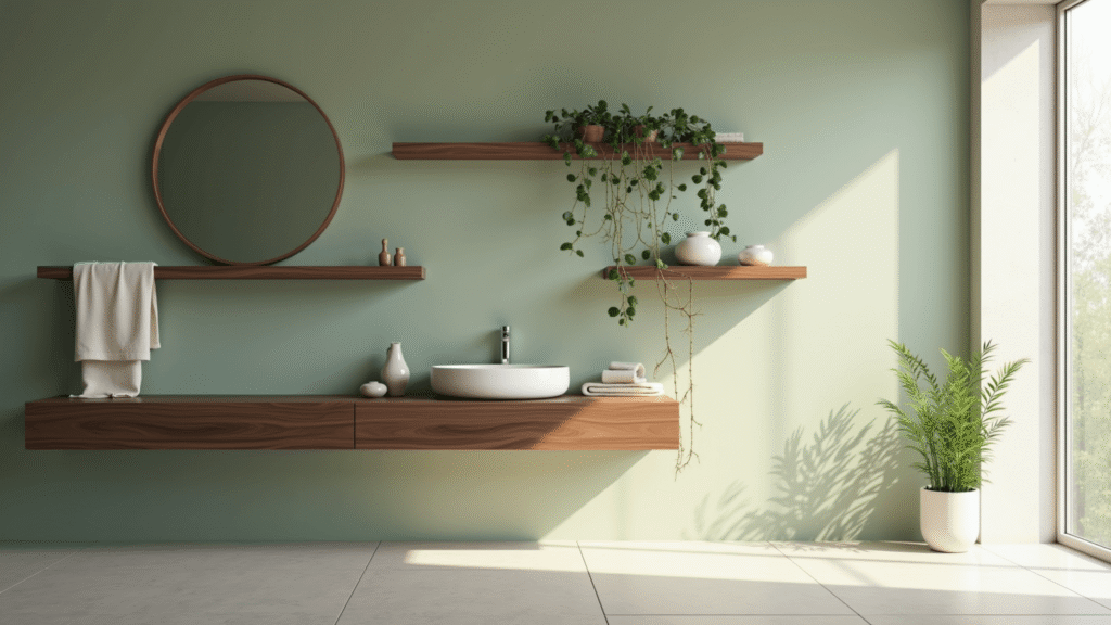 Bathroom Wall Decor Ideas: Transform Your Space with Style and Function Photorealistic interior of a serene modern bathroom with sage green walls, walnut floating shelves, and natural light filtering through a frosted window, featuring minimalist accessories and a tranquil atmosphere.