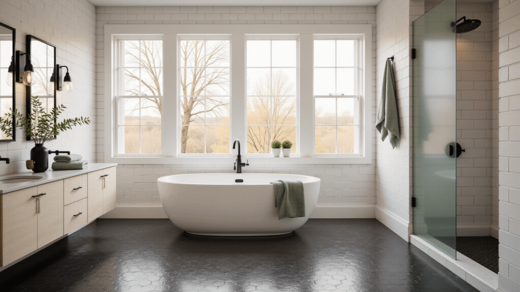 Photorealistic luxurious modern bathroom featuring a freestanding oval soaking tub, a floating double vanity, and soft morning light streaming through floor-to-ceiling windows, with clean white subway tiles and dark hexagonal floor tiles.
