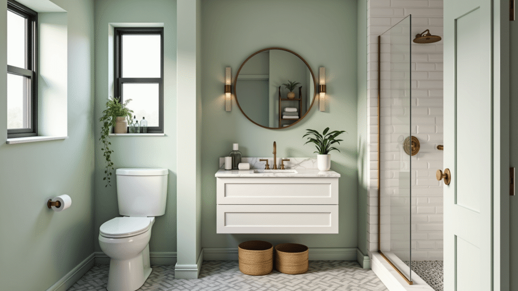 A luxurious compact bathroom featuring a floating white marble vanity, brass fixtures, and a round mirror, adorned with soft green walls and a geometric tile floor, creating a spa-like ambiance.