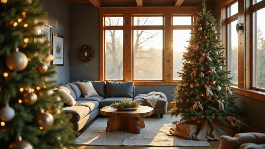 Christmas Tree Trends 2024: Transform Your Holiday Decor with Style and Personality A beautifully decorated 7-foot Fraser fir Christmas tree in a contemporary living room, featuring handcrafted wooden ornaments, pinecones, and dried eucalyptus, bathed in warm golden hour light with a cozy atmosphere.