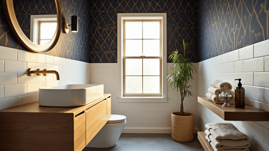 Transform Your Half Bathroom: Design Secrets Revealed Luxurious half bathroom featuring navy and gold geometric wallpaper, white subway tile wainscoting, natural oak floating vanity with a white vessel sink, brushed brass fixtures, circular brass-framed mirror, and polished concrete floors, illuminated by warm afternoon light.