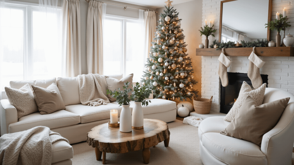 Neutral Christmas Decor: Creating a Serene Holiday Sanctuary Elegant living room decorated for Christmas with a flocked tree, wooden ornaments, and warm lighting, featuring a cream linen sofa, chunky knit throws, and eucalyptus arrangements in ceramic vases, evoking a cozy and sophisticated holiday ambiance.