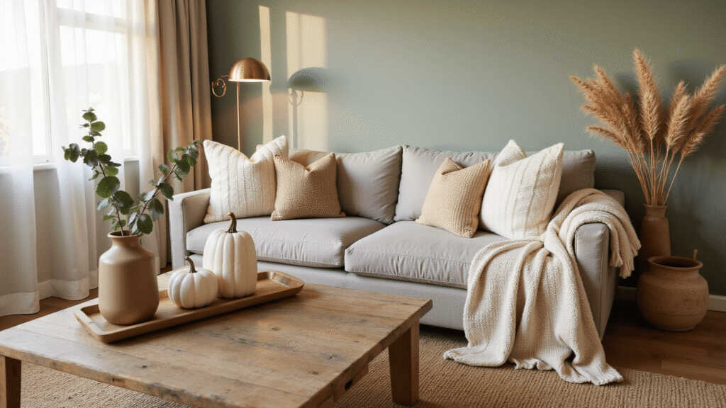 Neutral Fall Decor: Creating a Serene Autumn Sanctuary Elegant living room styled for autumn, featuring a taupe linen sofa with chunky cream knits, white ceramic pumpkins on a weathered oak coffee table, dried eucalyptus in a matte vase, and soft earthy tones, all illuminated by warm golden hour light.