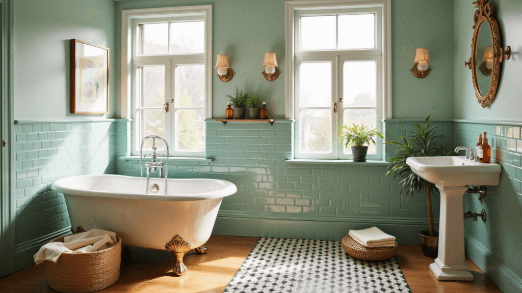 Retro Bathroom Decor: A Nostalgic Journey into Vintage Design Cinematic wide-angle shot of an elegant retro bathroom featuring a white clawfoot tub, mint green subway tiles, black and white hexagonal floor tiles, and warm natural lighting.