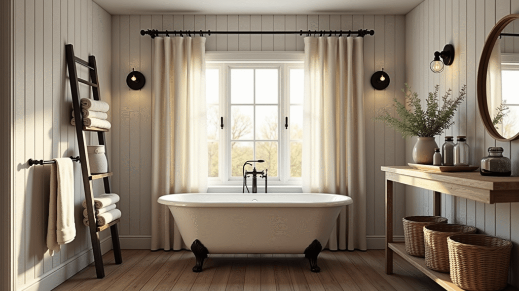 A sun-drenched farmhouse bathroom at golden hour, featuring a freestanding clawfoot tub, shiplap walls, weathered oak flooring, and vintage decor, all captured in photorealistic detail.