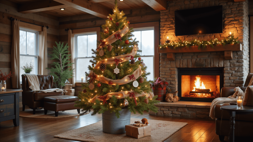 Creating a Rustic Christmas Tree: A Cozy Holiday Styling Guide A beautifully decorated 6-foot natural pine Christmas tree in a galvanized bucket, showcasing burlap garlands, wooden ornaments, and plaid ribbons, beside a cozy fireplace and leather armchair, with warm golden hour lighting and a rustic living room setting.
