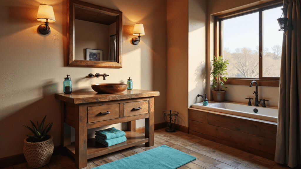 Photorealistic wide-angle shot of a luxury western rustic bathroom featuring a reclaimed barnwood vanity with a hammered copper sink, weathered bronze fixtures, and ambient lighting from wrought iron sconces, set against beige textured walls and distressed wood-look tile flooring, with turquoise accents and natural sunlight illuminating the scene.