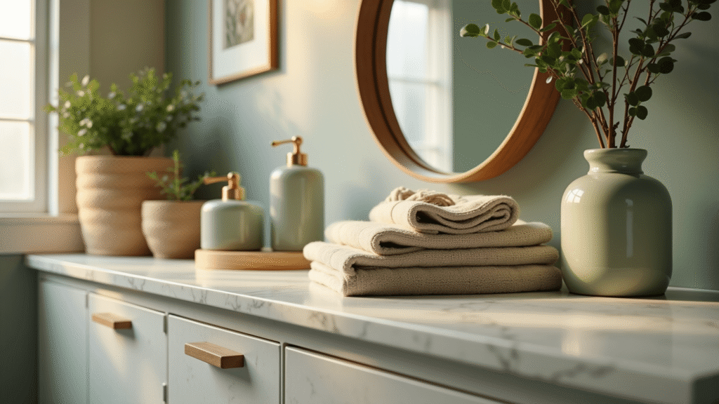 Sage Green Bathroom Decor: Your Ultimate Guide to Creating a Tranquil Sanctuary A serene sage green bathroom sanctuary featuring a marble countertop with ceramic accessories, plush towels, woven baskets, and warm golden hour light, evoking a luxurious spa-like atmosphere.