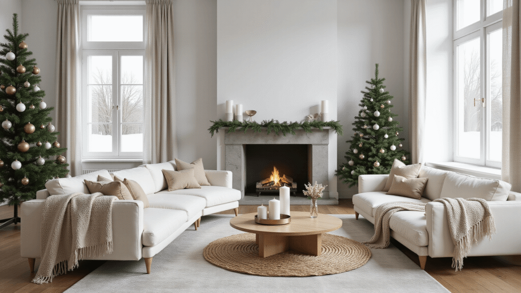 Minimalist Scandinavian living room featuring a 6ft slim Christmas tree with white ceramic and wooden ornaments, white linen sofas with cream knit throws, and a natural jute rug, complemented by a concrete fireplace with white candles and pine garland, all illuminated by soft winter light through large windows.