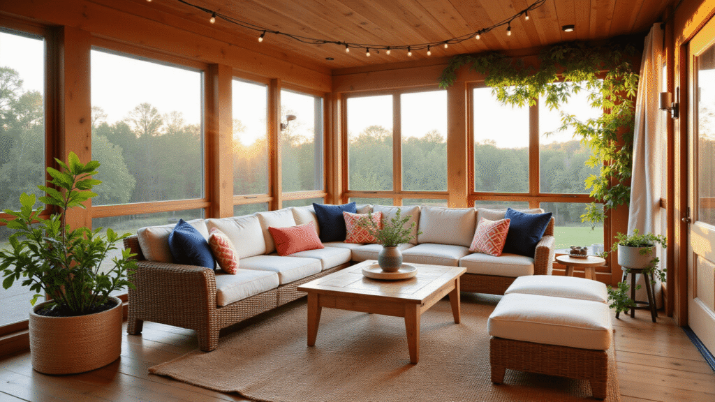 Cinematic wide-angle shot of a luxurious screened-in porch with wicker furniture, layered textiles, and natural decor, captured during golden hour.