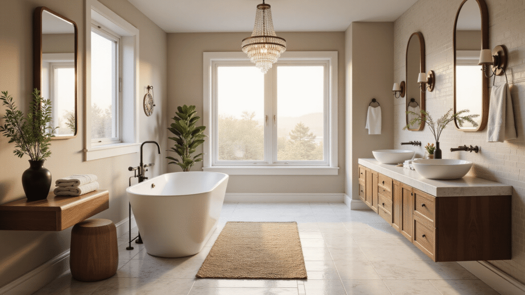 Photorealistic view of a luxurious neutral bathroom featuring a freestanding oval soaking tub, Carrara marble herringbone floors, and floating walnut double vanity, illuminated by golden hour light through frosted windows, with a crystal chandelier and warm beige walls, creating a serene sanctuary atmosphere.