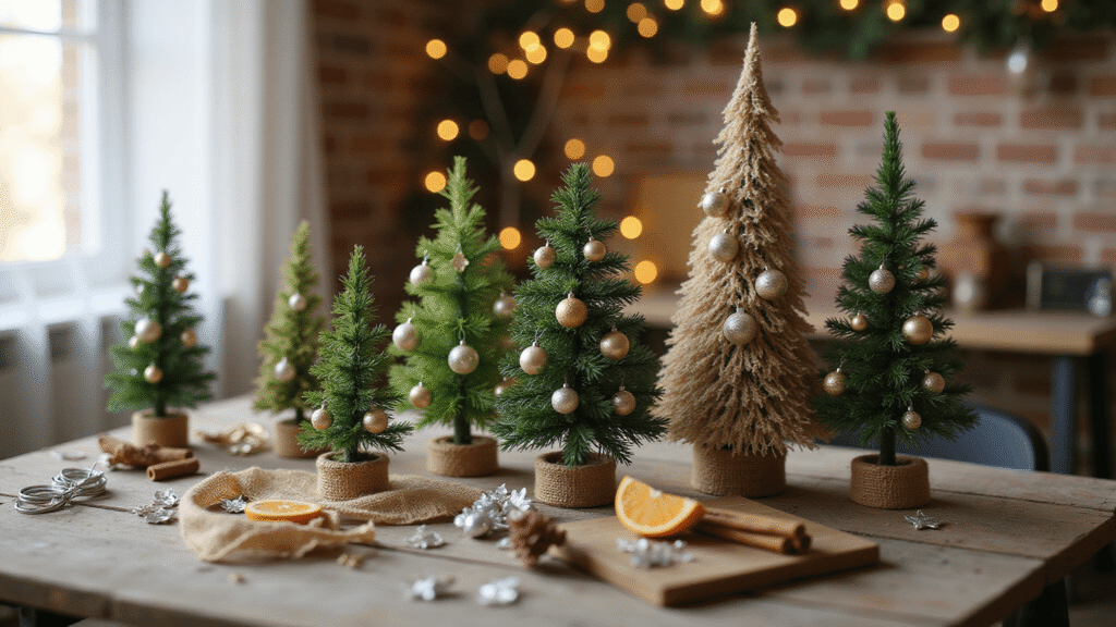Small Christmas Tree Ideas: Festive Magic for Compact Spaces Cinematic wide-angle shot of a miniature Christmas tree collection on a rustic wooden surface, featuring varying heights of evergreen trees adorned with mercury glass garlands and champagne-colored baubles, accented by scattered craft supplies, all bathed in soft golden hour lighting, with a cozy living space background.