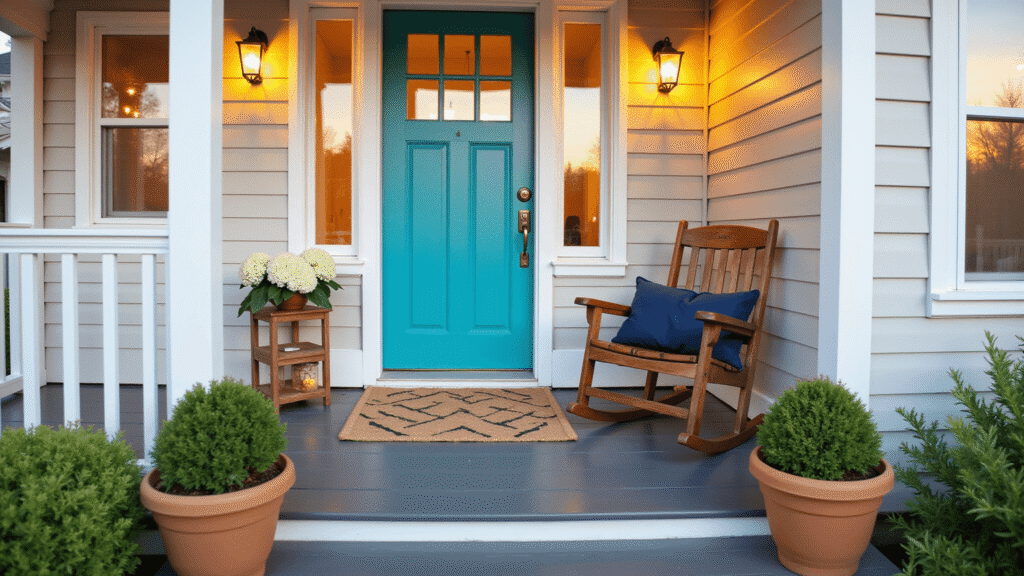 Small Front Porch Remodeling: Transform Your Tiny Entrance into a Stunning Welcome Space Cinematic wide-angle shot of a small front porch featuring a vibrant turquoise door, mahogany rocking chair, teak side table, and warm golden hour lighting, enhancing the inviting and cozy atmosphere.