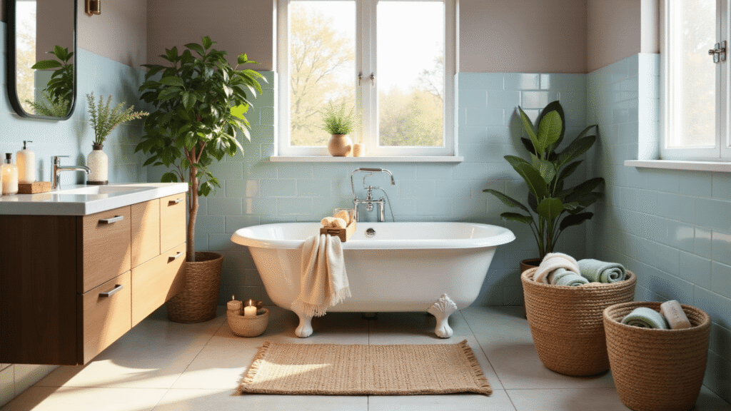 Creating Your Ultimate Spa Bathroom Sanctuary: A Transformative Decor Guide Cinematic wide-angle view of a luxurious spa bathroom sanctuary featuring powder blue subway tiles, a walnut wood vanity with a quartz countertop, and a vintage clawfoot tub adorned with candles and natural sponges, bathed in warm golden hour lighting that highlights the organic textures and inviting atmosphere.
