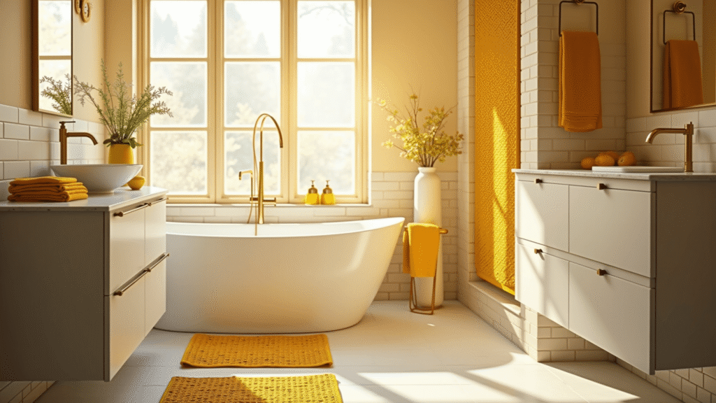 Sunshine in Your Sanctuary: The Ultimate Guide to Yellow Bathroom Decor Luxurious yellow and white bathroom decor featuring subway tiles, floating vanity, golden fixtures, and curated accessories, illuminated by warm sunlight.
