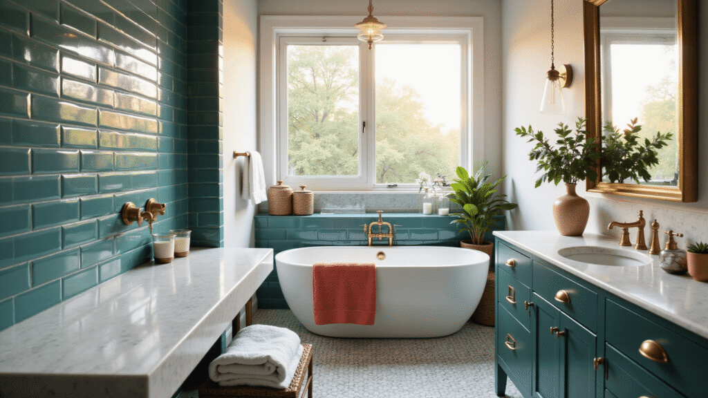 Teal Bathroom Decor: Transform Your Space with Sophisticated Calm Luxurious modern bathroom featuring teal subway tiles, a white bathtub, floating teal vanity, brass fixtures, and coral towels, all illuminated by warm sunlight and complemented by natural plants and textures.