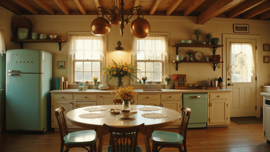 A nostalgic farmhouse kitchen bathed in golden hour light, featuring a mint-green Smeg refrigerator, hanging copper pots, vintage jadeite bowls, and a cozy breakfast table adorned with wildflowers and doilies.