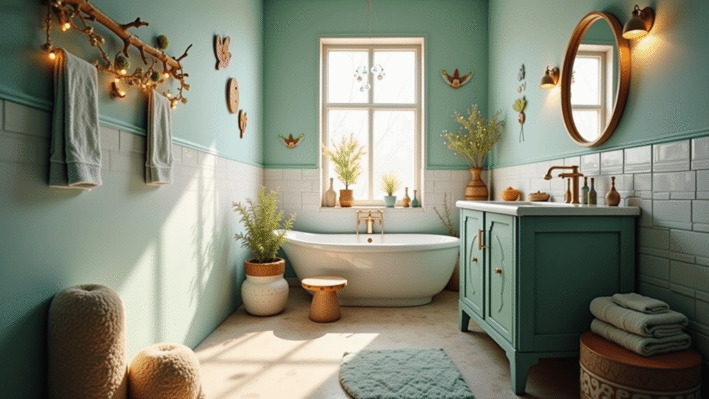 Dreamy children's bathroom with moss green to sky blue ombre walls, woodland creature decals, fairy light garland, and a sage green vanity. Features include a custom tree branch towel rack with colorful ceramic birds, a mushroom-shaped wooden step stool, and soft natural light highlighting whimsical details.