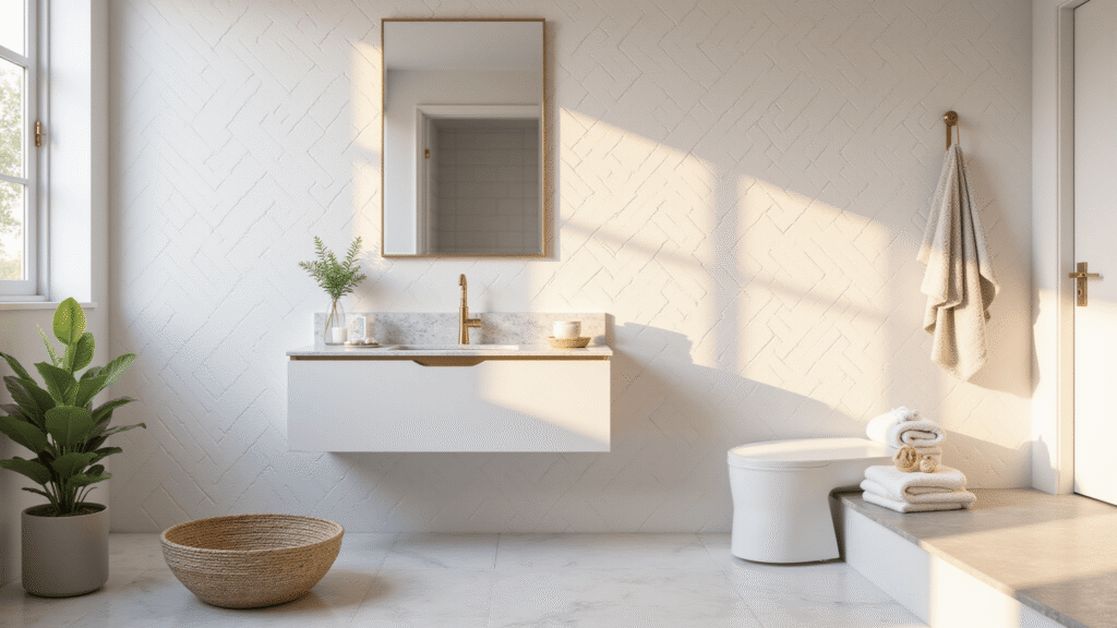 White Bathroom Decor: Transform Your Space with Timeless Elegance Photorealistic luxurious white bathroom featuring herringbone tiles, a floating vanity with brass hardware, a frameless mirror, and plush towels, creating a serene spa-like atmosphere in soft golden hour lighting.