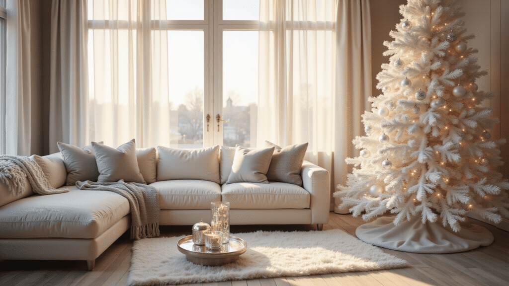A luxurious living room featuring a 9-foot white Christmas tree adorned with crystal and silver ornaments, soft sunlight filtering through sheer white curtains, a plush cream sectional sofa, and a brushed silver coffee table, all in an elegant, warm color palette at golden hour.