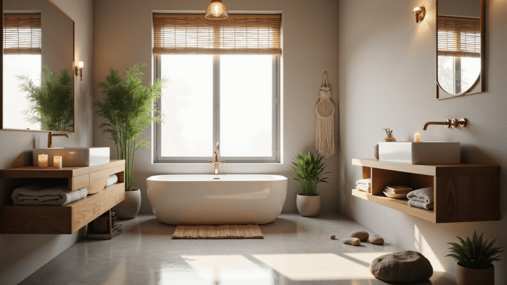 Creating a Zen Bathroom Decor: Your Ultimate Guide to Tranquil Bathroom Design A serene Zen bathroom featuring a freestanding white soaking tub, a floating teak vanity, natural elements like bamboo and a small fern, warm ambient lighting, and a minimalist color palette of soft beiges and muted greens, all creating a tranquil spa-like atmosphere.