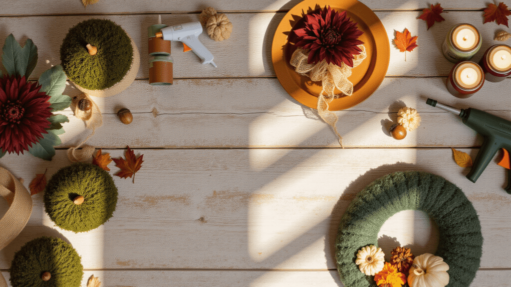 Dollar Tree Fall Decor DIYs: Transform Your Home on a Budget Cinematic overhead flat lay of a cozy Dollar Tree fall DIY crafting workspace with moss-covered pumpkins, faux dahlias, a hot glue gun, and autumn leaves, illuminated by warm golden hour lighting on a weathered wood surface.