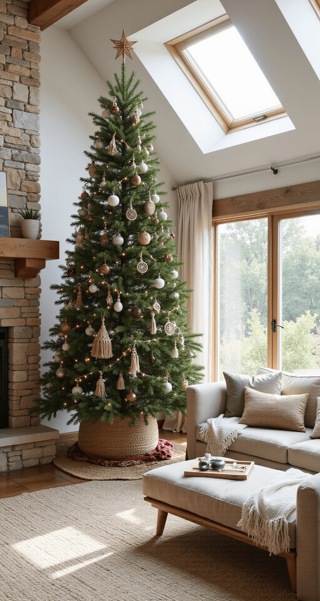 Boho Christmas Tree: A Free-Spirited Holiday Centerpiece Airy boho family room bathed in morning sunlight, featuring a large natural Christmas tree by a stone fireplace, adorned with handwoven ornaments and a rattan star topper. The space includes a sectional sofa with mixed throw pillows, layered rugs, and hanging plants, all set in earthy browns, cream, and forest green tones.