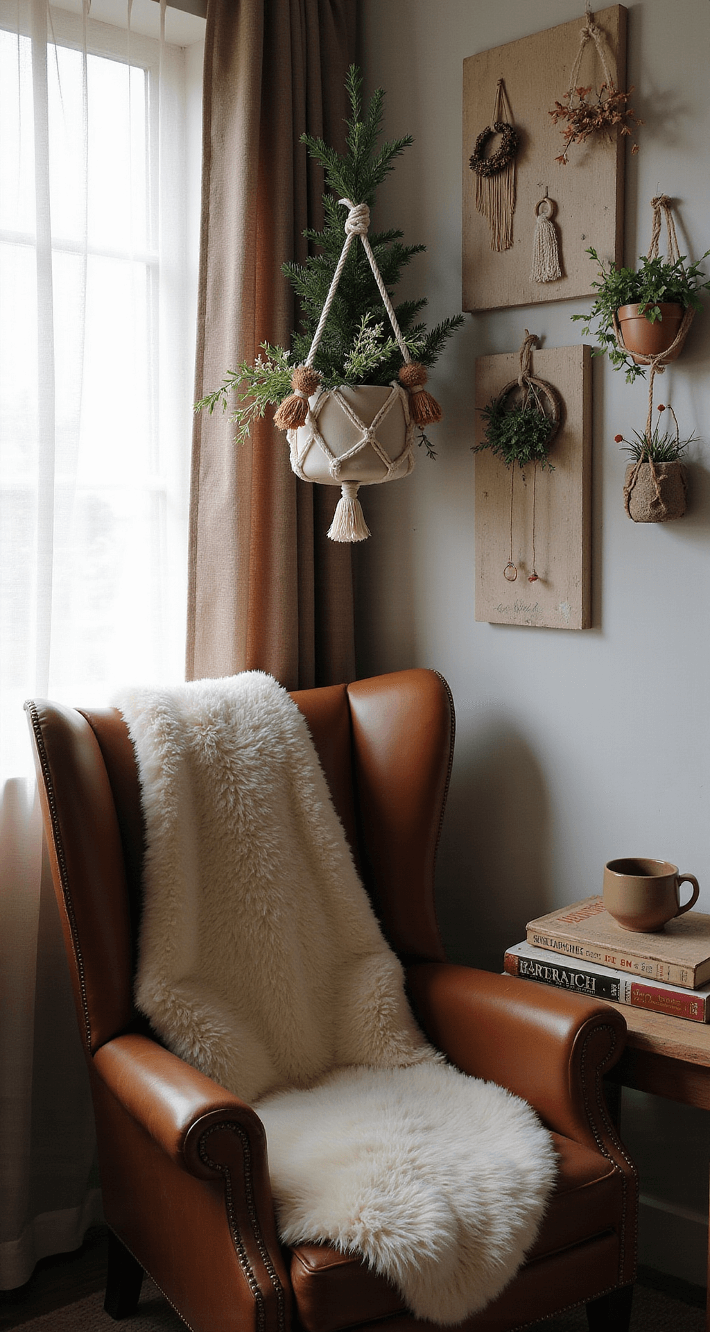 Boho Christmas Tree: A Free-Spirited Holiday Centerpiece Cozy boho reading corner bathed in soft afternoon light, featuring a slender Christmas tree in a macramé planter, vintage leather armchair with sheepskin throw, stack of well-worn books, and a ceramic mug on a side table, surrounded by a gallery of macramé art and hanging plants in warm browns, ivory, and muted gold accents.