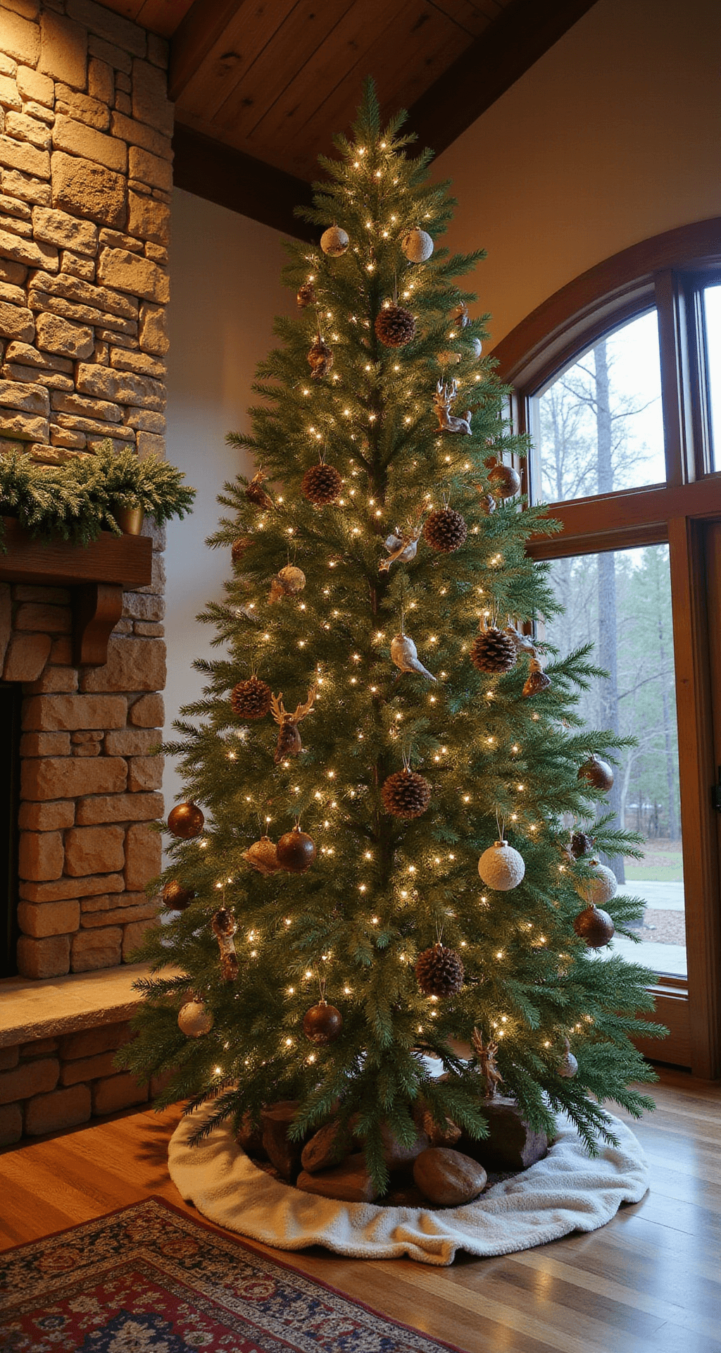Crafting the Perfect Woodland Christmas Tree: A Nature-Inspired Festive Masterpiece Cozy great room with vaulted ceilings, stone fireplace, and decorated Christmas tree, featuring woodland elements and warm lighting, showcasing an inviting cabin atmosphere.