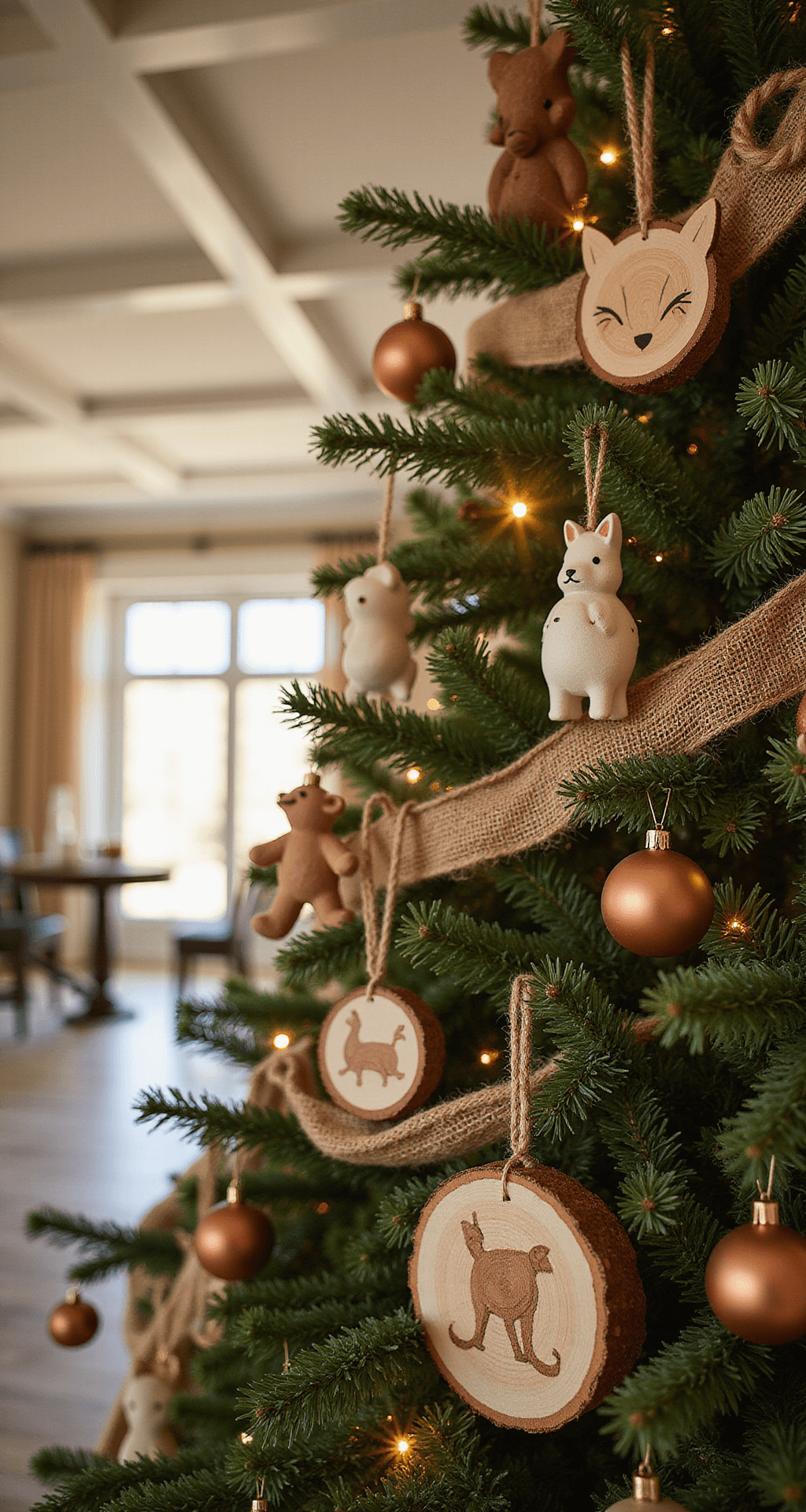 Crafting the Perfect Woodland Christmas Tree: A Nature-Inspired Festive Masterpiece A close-up shot of a beautifully decorated Christmas tree in a traditional living room with coffered cream ceilings, featuring handcrafted wooden slice ornaments, ceramic woodland creatures, and warm white LED lights, all captured in golden hour backlighting for dramatic effect.
