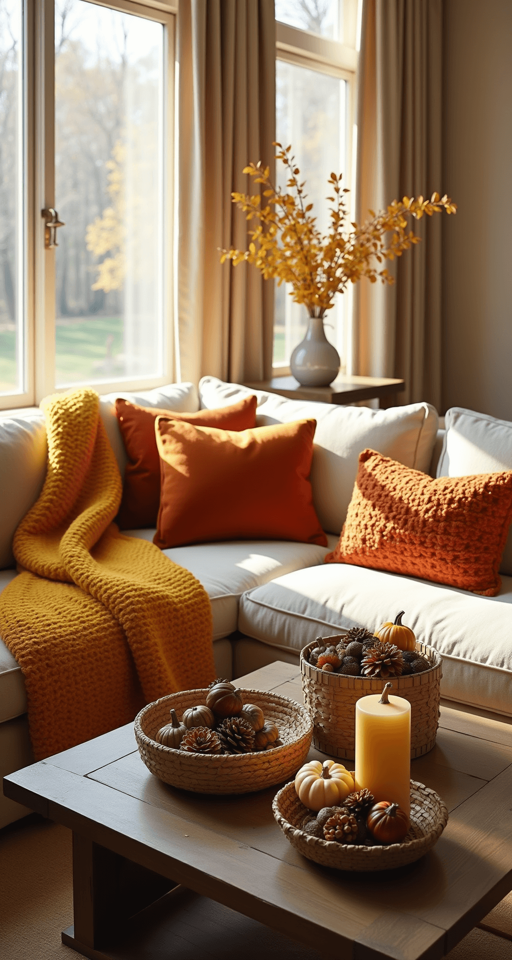 Autumn Home Decor: Transform Your Space with Cozy, Seasonal Warmth Spacious living room filled with golden afternoon sunlight, featuring a plush sectional sofa with burnt orange throws and mustard yellow pillows, a rustic wood coffee table with mini pumpkins and pinecones, and warm terracotta and cream decor. Soft linen curtains filter light, creating inviting shadows.