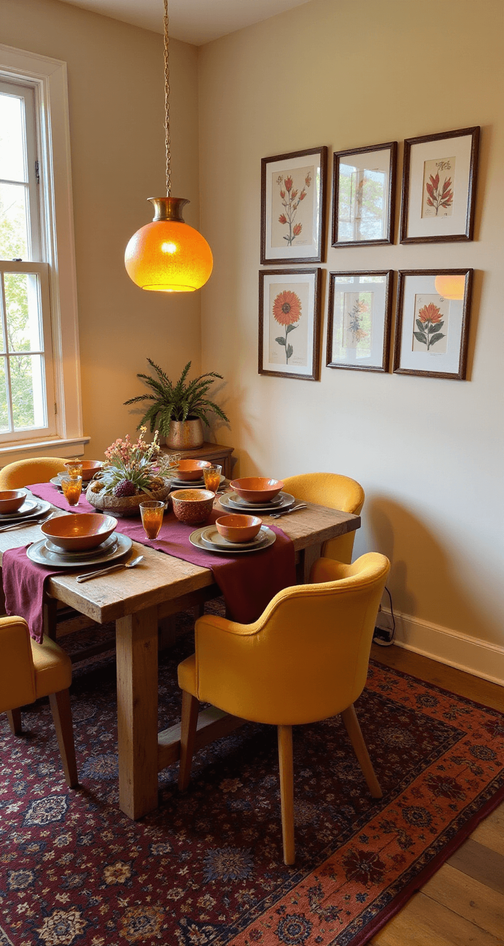 Autumn Home Decor: Transform Your Space with Cozy, Seasonal Warmth Intimate dining room corner in warm golden hour, featuring a reclaimed wood table with deep burgundy linen runner, terracotta dinnerware, and olive green napkins. Mustard yellow chairs surround the table, with a gallery of autumn botanical prints in brass frames on the wall. Pendant lighting casts an amber glow over natural wood floors and a vintage Persian rug in rich jewel tones.