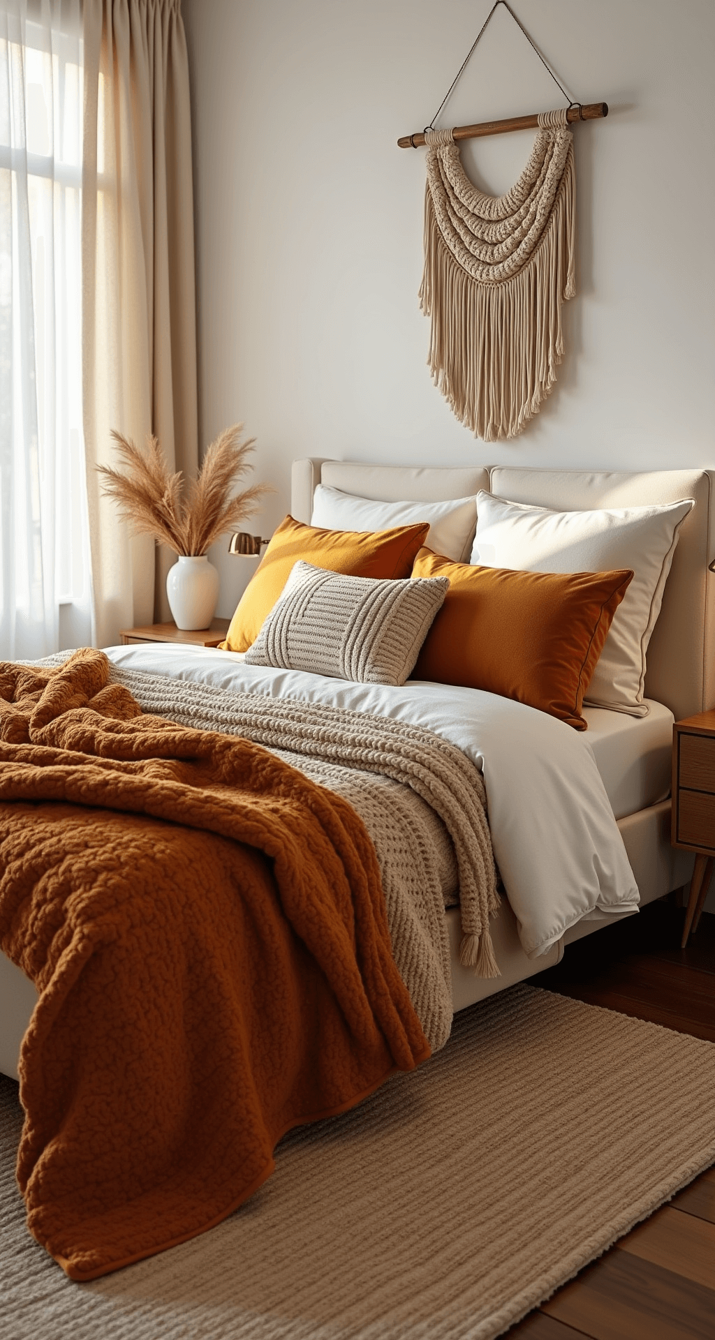 Autumn Home Decor: Transform Your Space with Cozy, Seasonal Warmth Cozy bedroom featuring a queen bed with a cream linen headboard, layered with a burnt orange velvet throw and an oatmeal cable-knit blanket, accented by terracotta and mustard pillows. A woven jute rug lies beneath, with vintage wooden nightstands and brass lamps beside the bed. Organic textures from a macrame wall hanging and dried pampas grass in a ceramic vase complement the scene, softened by sheer curtains letting in gentle morning light.