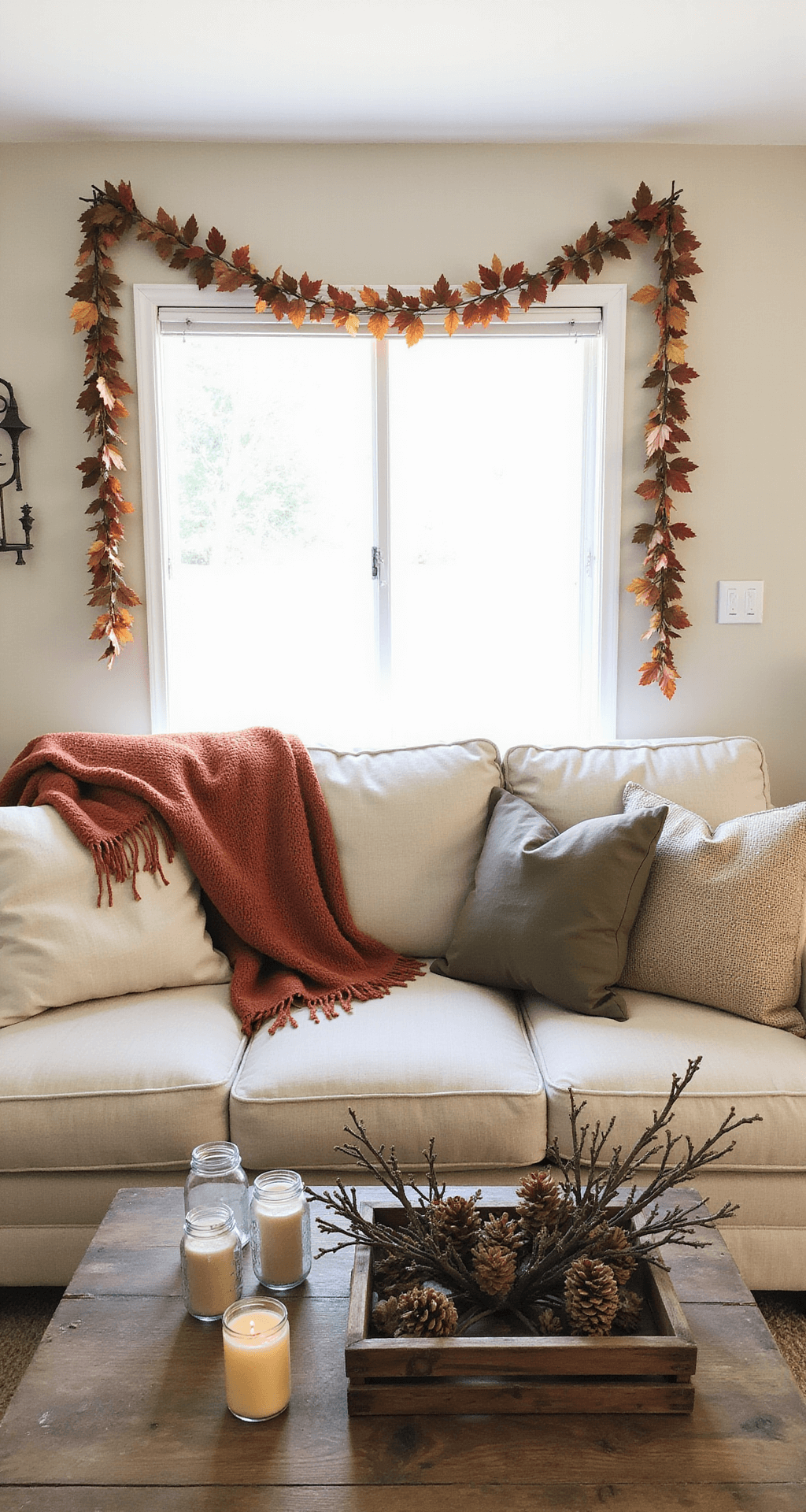 Autumn Home Decor: Transform Your Space with Cozy, Seasonal Warmth A cozy modern farmhouse living room featuring budget-friendly autumn decor with a neutral sofa, DIY leaf garland, thrifted blankets in warm tones, and mason jars as candle holders. An upcycled wooden crate coffee table displays pinecones and dried branches, while handmade burlap pillow covers add earthy colors. Natural light streams in, illuminating the resourceful autumn styling.