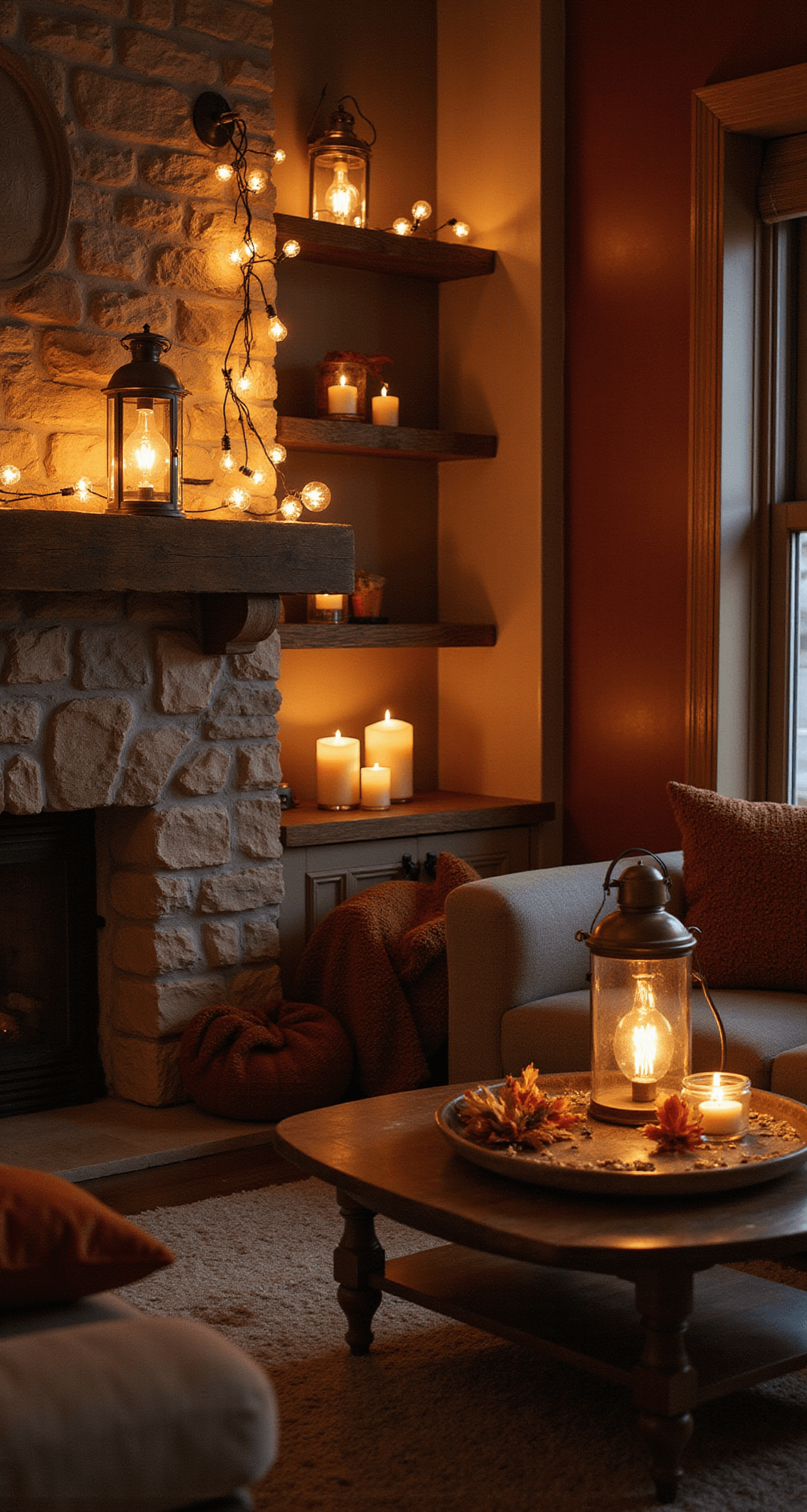 Autumn Home Decor: Transform Your Space with Cozy, Seasonal Warmth Cozy twilight living space with vintage brass lanterns, warm Edison string lights, and pillar candles creating layered ambiance, accented by a stone fireplace and deep burgundy wall, highlighted by soft autumn-hued textiles.