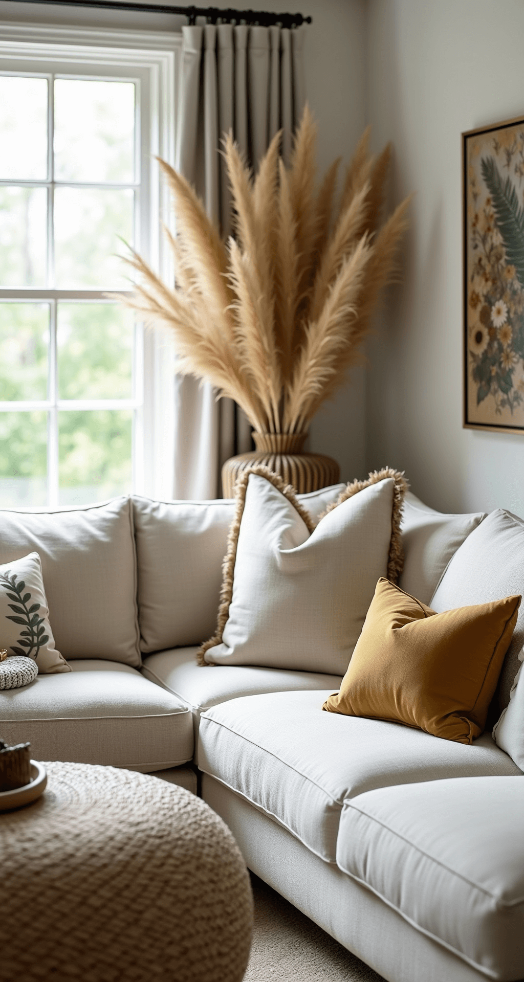 Autumn Home Decor: Transform Your Space with Cozy, Seasonal Warmth Elegant living room with muted autumn decor featuring a modern sectional, subtle pillows, a large woven basket with pampas grass, and a neutral color palette accented by warm gold and sage green, captured in soft afternoon light.