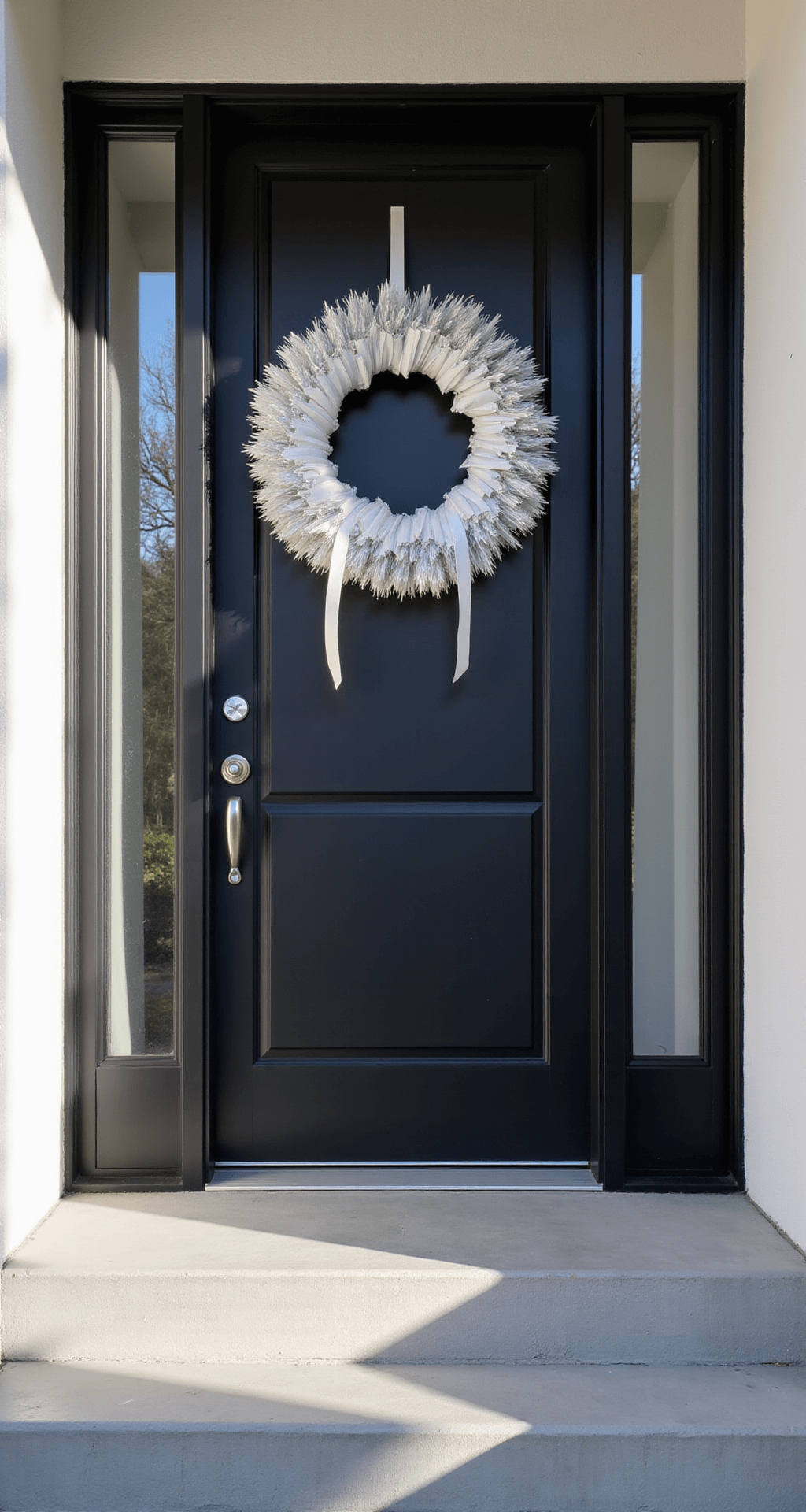 Magical Christmas Door Decor: Your Ultimate Guide to a Festive Entryway Modern minimalist entryway featuring a sleek black front door with a geometric white and silver wreath, brushed steel hardware, and concrete steps, illuminated by crisp morning light.