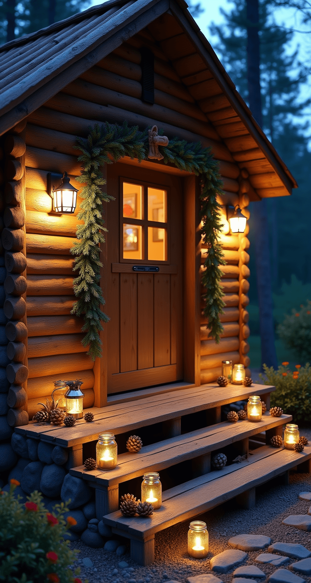 Magical Christmas Door Decor: Your Ultimate Guide to a Festive Entryway Cozy rustic cabin entrance at blue hour, featuring a weathered wood door adorned with pine garland and burlap ribbon, vintage lanterns casting golden light, stone foundation, and mason jar luminaries along the wooden steps, creating an inviting woodland atmosphere.