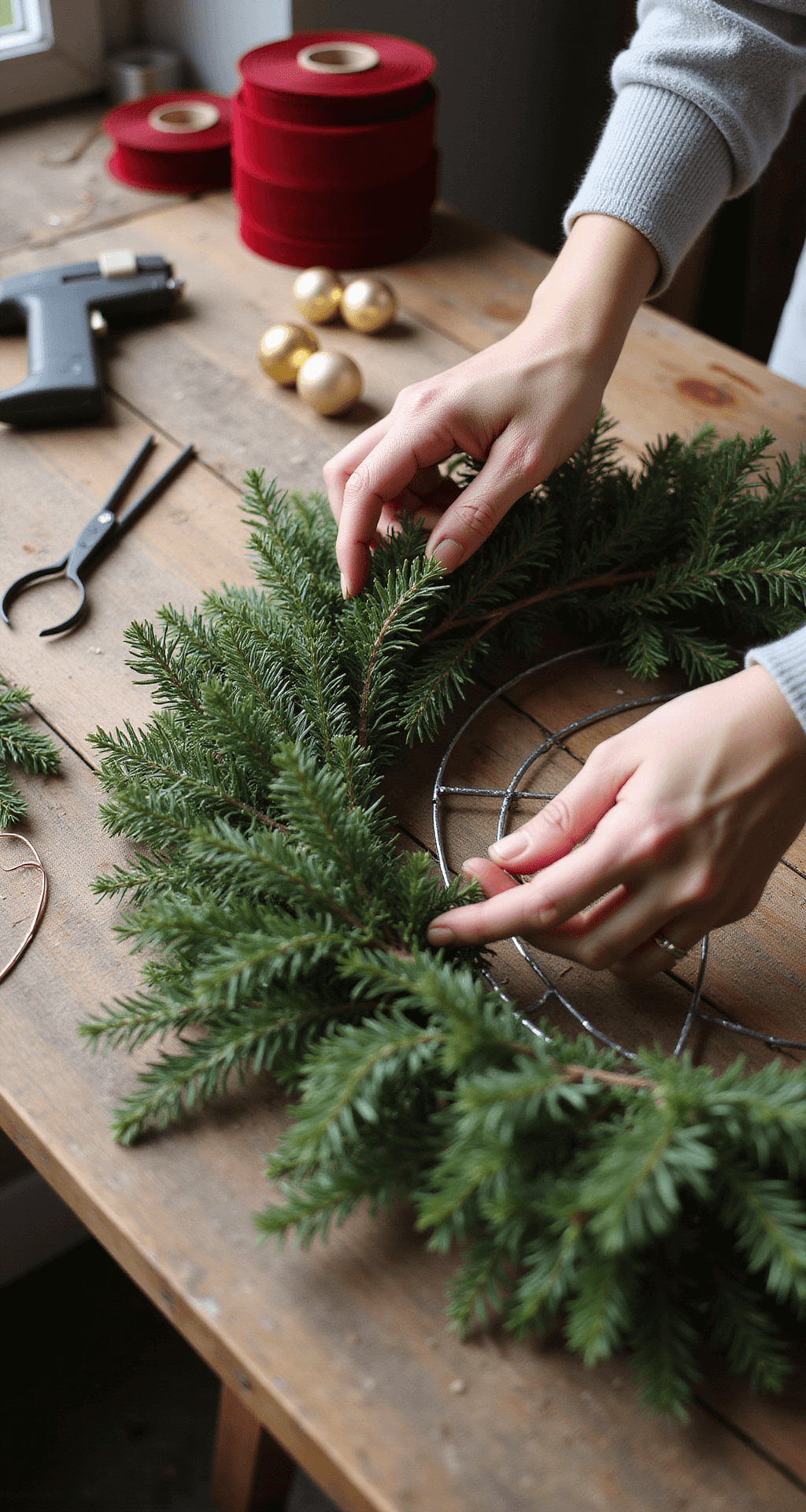 Magical Christmas Door Decor: Your Ultimate Guide to a Festive Entryway Close-up of hands arranging fresh evergreen sprigs on a wire frame for a DIY wreath, surrounded by red velvet ribbon, gold ornament balls, wire cutters, and a hot glue gun on a rustic wooden workbench, illuminated by natural light.