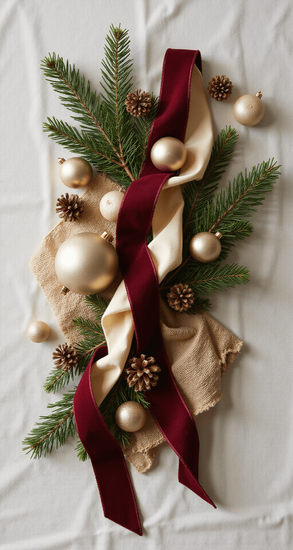 Magical Christmas Door Decor: Your Ultimate Guide to a Festive Entryway Layered holiday arrangement on cream linen featuring burgundy and gold velvet ribbons, fresh pine branches, and metallic ornaments, with various textures like silk, burlap, ceramics, and pinecones, captured from an overhead angle in soft, diffused lighting.