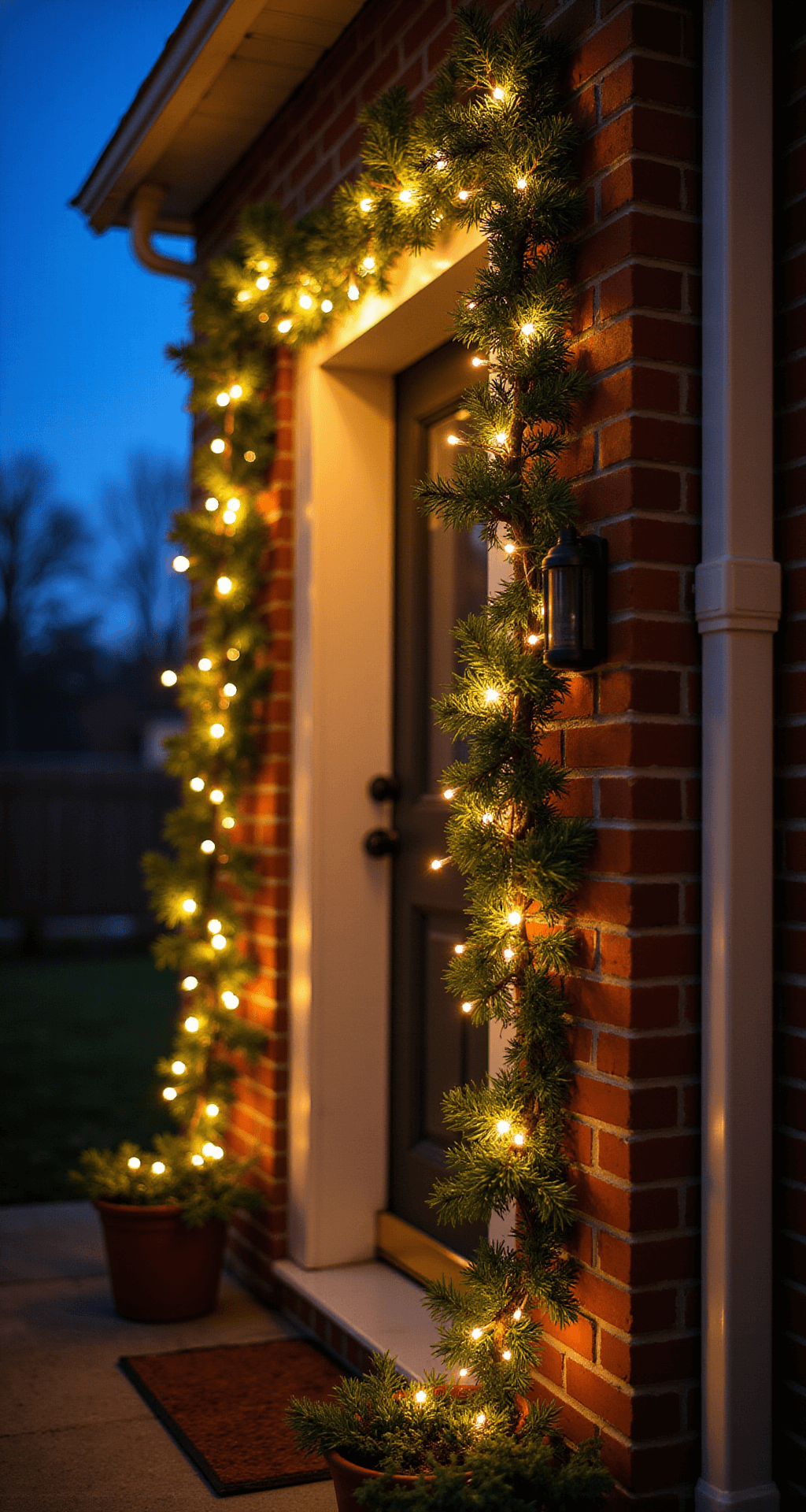Magical Christmas Door Decor: Your Ultimate Guide to a Festive Entryway Atmospheric evening image of fairy lights woven through evergreen garland on a door, with warm golden glow against a deep blue twilight sky, featuring a red brick facade and white door frame, creating a cozy, enchanting mood.
