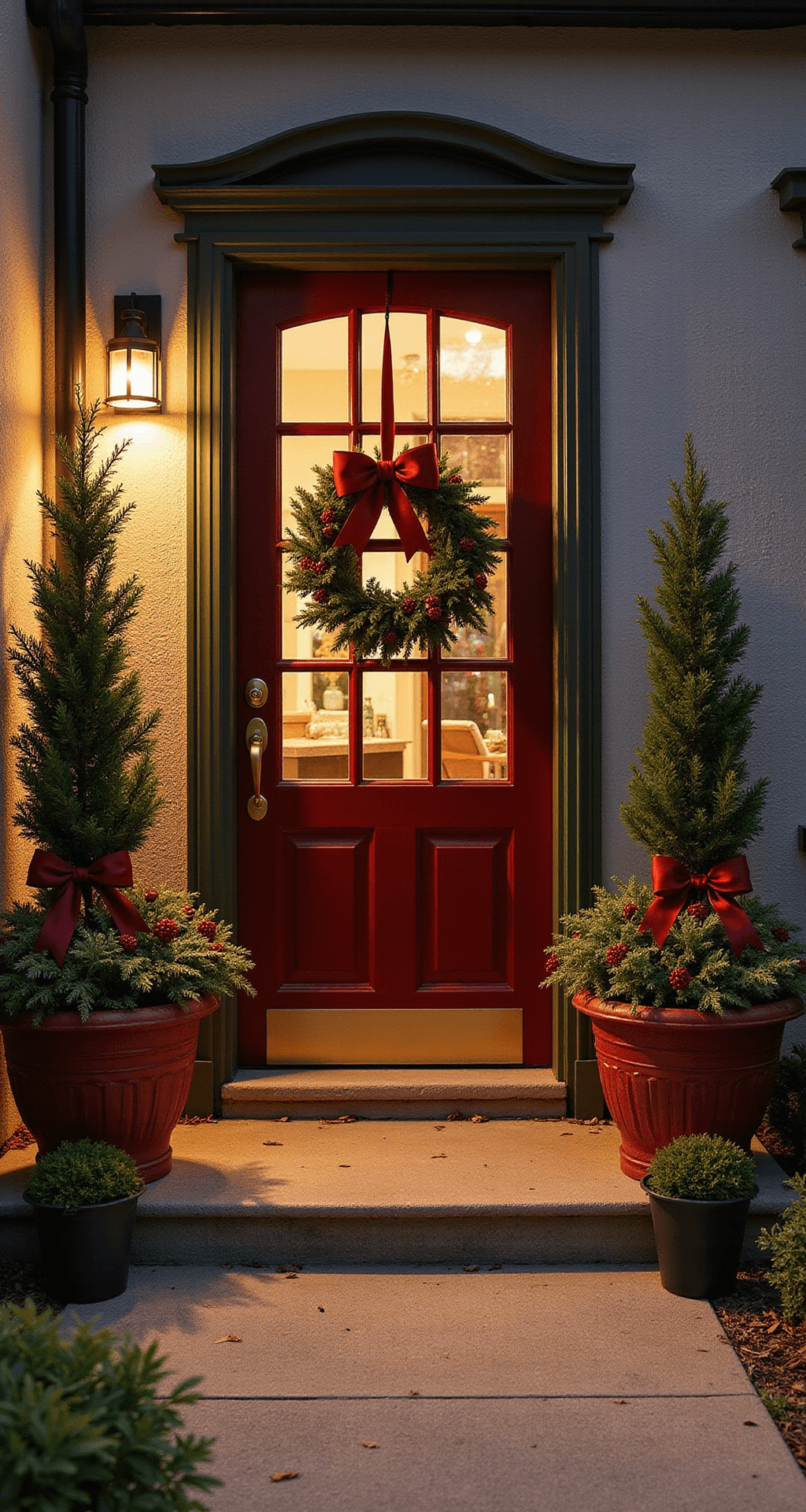 Magical Christmas Door Decor: Your Ultimate Guide to a Festive Entryway Festively decorated entrance with deep green, rich red, and gold accents, featuring matching planters and ribbon bows, captured during golden hour for a warm, inviting holiday atmosphere.