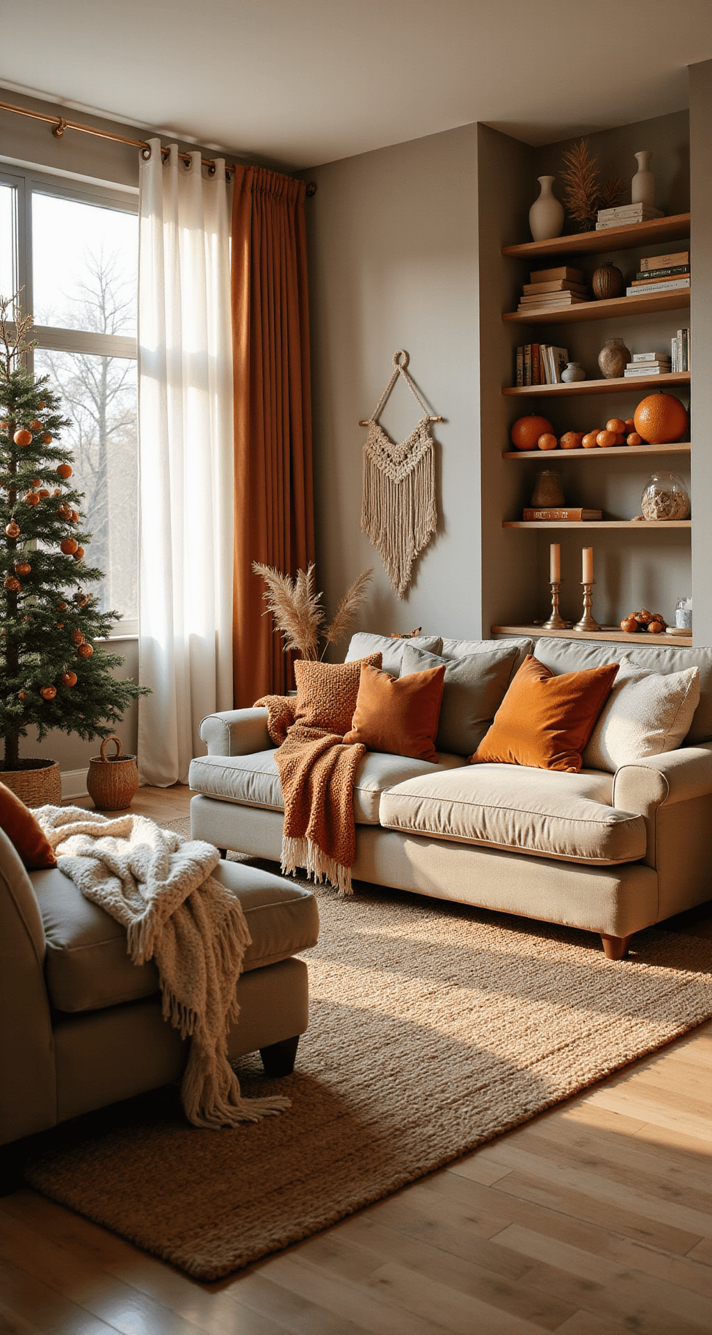 Boho Christmas Decor: Creating a Warm, Eclectic Holiday Haven A spacious living room bathed in warm golden sunlight, featuring an oversized sectional sofa with textured throws and cushions, a layered jute rug on hardwood floors, a decorated Christmas tree, and macramé wall hangings, all in an earthy color palette.