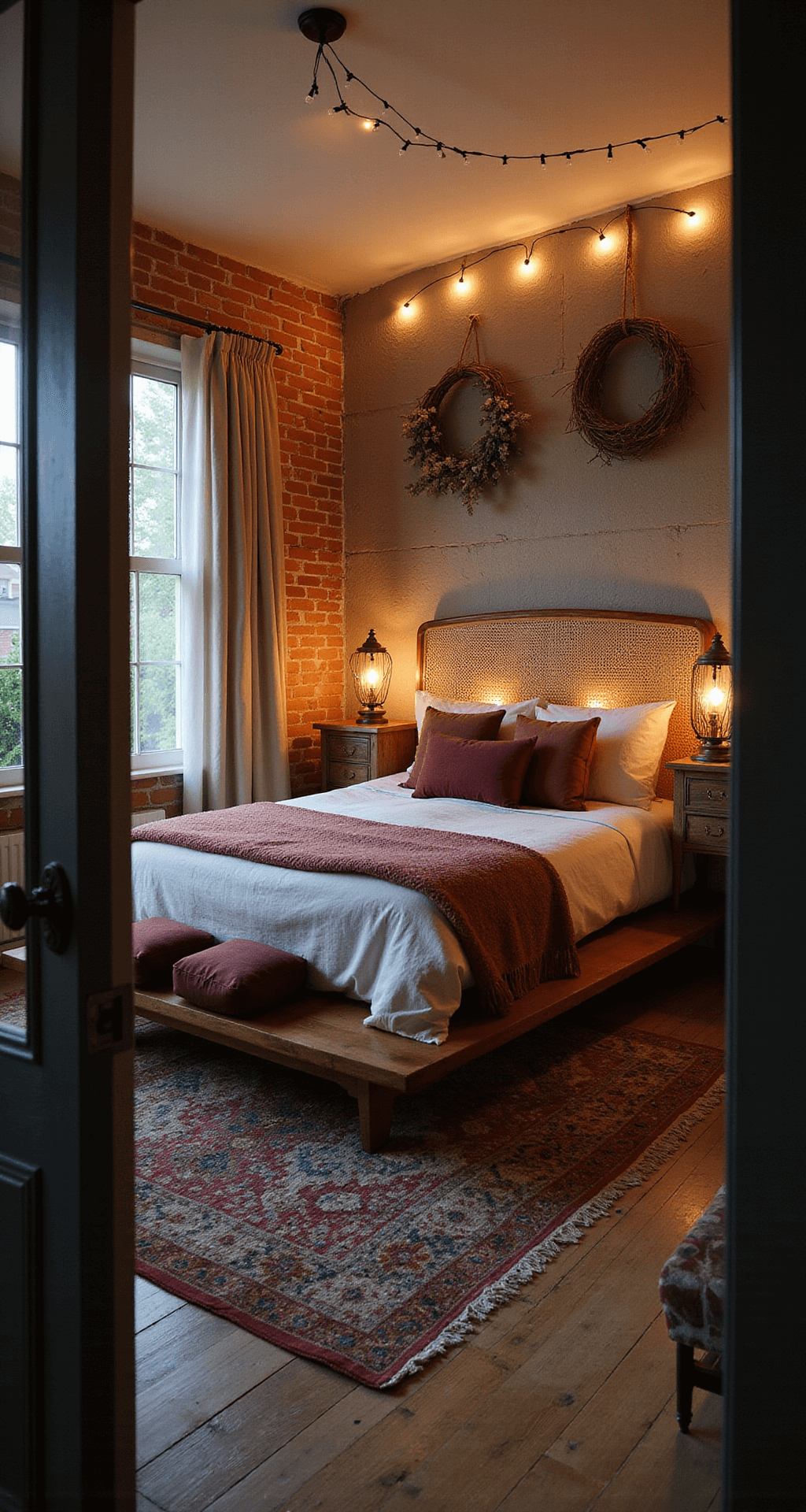 Boho Christmas Decor: Creating a Warm, Eclectic Holiday Haven Cozy bedroom corner with a low platform bed dressed in oatmeal and rust linen, a woven rattan headboard against an exposed brick wall, soft string lights casting warm pools of light, and vintage brass lanterns on reclaimed wood nightstands. Dried eucalyptus wreaths hang above the bed, surrounded by layered wool rugs in geometric patterns and deep burgundy Moroccan poufs, all seen from the doorway.