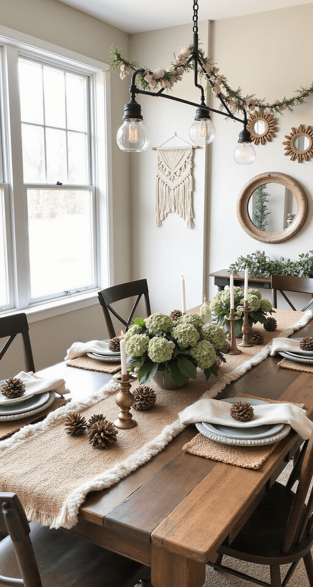 Boho Christmas Decor: Creating a Warm, Eclectic Holiday Haven A cozy holiday dining room featuring a reclaimed wood table surrounded by vintage chairs with sheepskin throws, adorned with a centerpiece of dried hydrangeas and brass candlesticks, illuminated by afternoon light streaming through large windows.