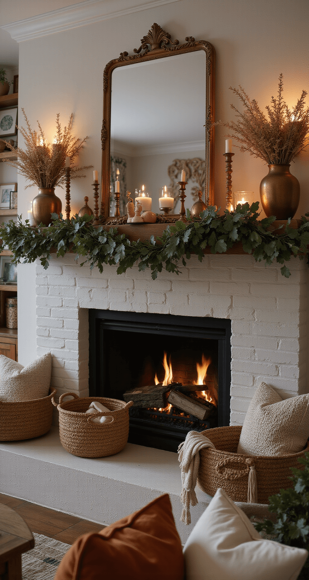 Boho Christmas Decor: Creating a Warm, Eclectic Holiday Haven Cozy Christmas mantelpiece decorated with dried flowers, brass vessels, and organic ornaments, illuminated by warm candlelight, with layered eucalyptus garlands, vintage candlesticks, and woven baskets of firewood, creating an intimate holiday atmosphere.